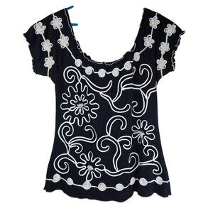 Vintage Lauren Michelle Top Sz S Black/White Embroidered Beaded Boho Peasant